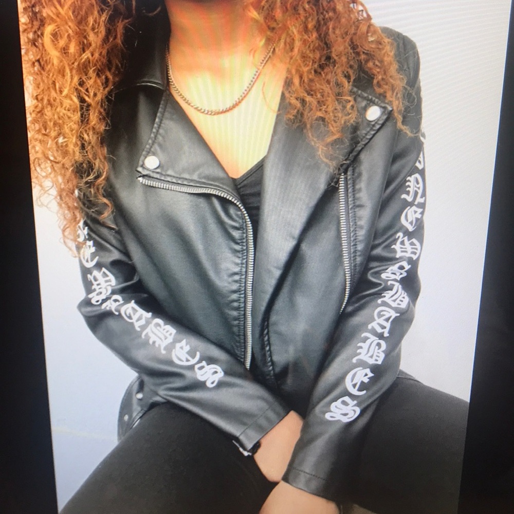 Mock leather jacket with letters on sleeve